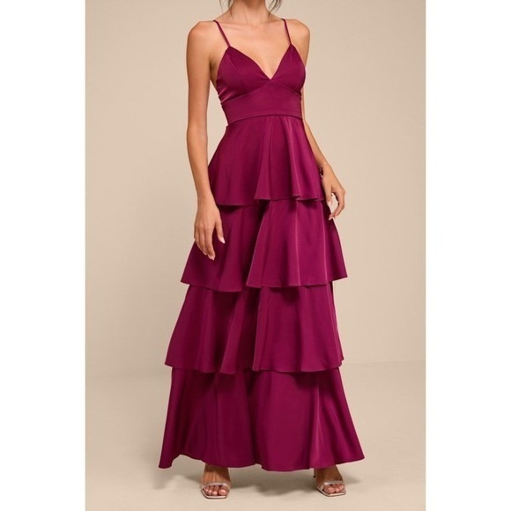NWT Lulus Going with Elegance Plum Purple Satin Tiered Gown Maxi Dress Small